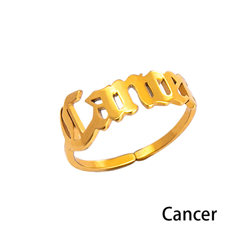 Stainless Steel Zodiac Sign Open Ring Adjustable Gold Letter Initial Ring for Women Lightweight Everyday Spark