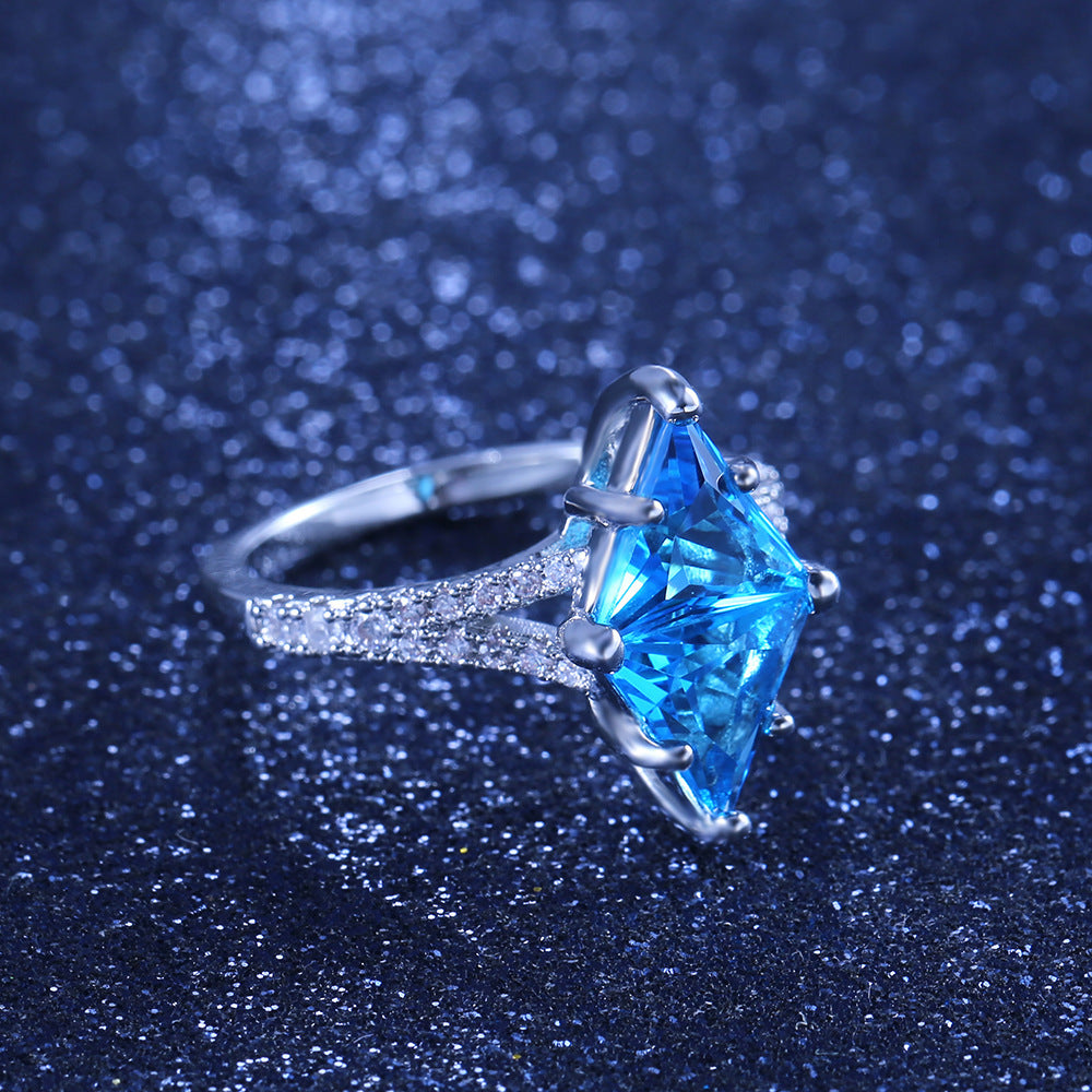 Womens Exaggerated Hollow Blue Triangle Diamond Accent Copper Geometric Ring Party Jewelry Elegant Unique Blue