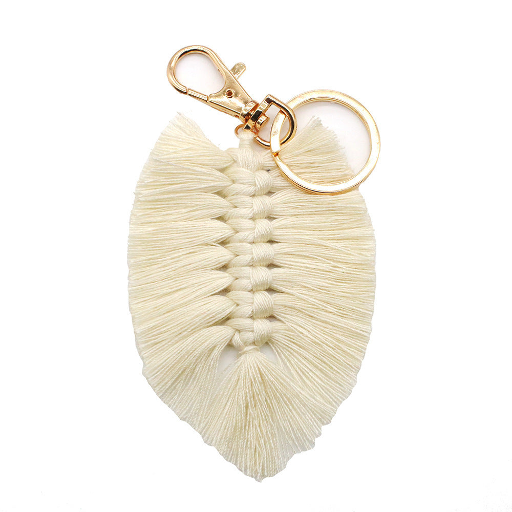 Handwoven Key Chain With Tassel And Leaf Pendant Cotton Rope Key Chain Accessory Unisex Bag Charm Beige Modern