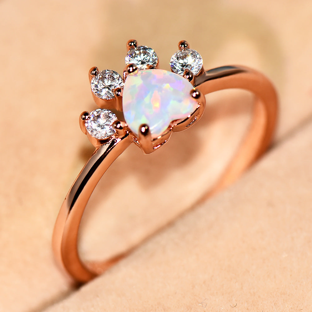 Gold Plated Copper Paw Print Ring With Inlaid Gemstones For Women Elegant Jewelry Gift For Pet Lovers For Animal Lovers