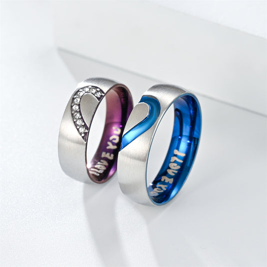 Couple Heart Shaped Stainless Steel Ring Set 6mm Wide Electroplated Blue For Men And Purple For Women Anniversary