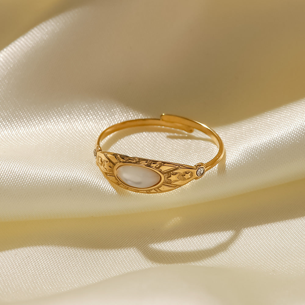 Gold Plated Stainless Steel Ring With Zircon Inlaid Geometric Star Retro European Design For Daily Wear Classy