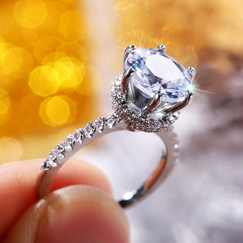 Womens Zircon Six Claw Inlaid Ring Gold Plated Copper Wedding Jewelry For Her Elegant Gift For Occasions Classic