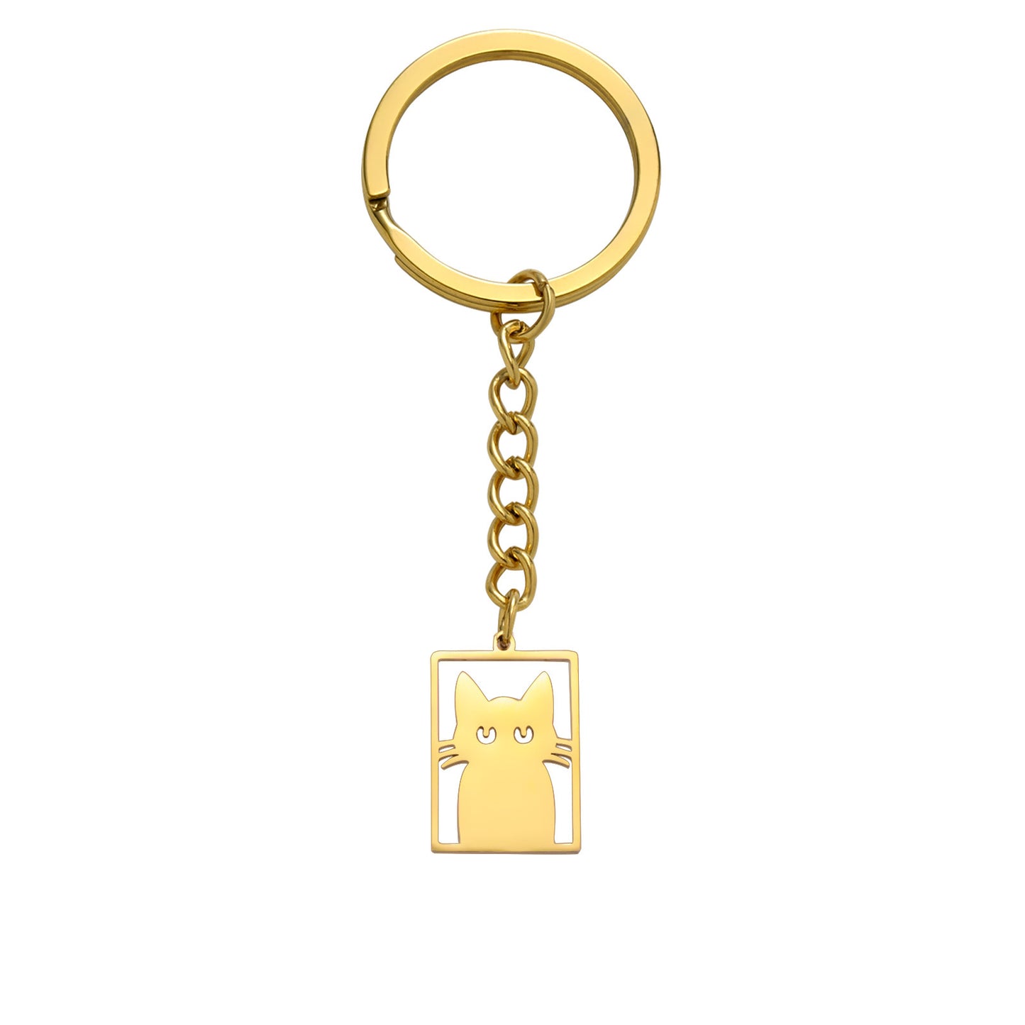 Womens Animal Keychain Titanium Steel Rectangular KittenPet Cat Shape Key Ring Fashion Accessory Durable Steel