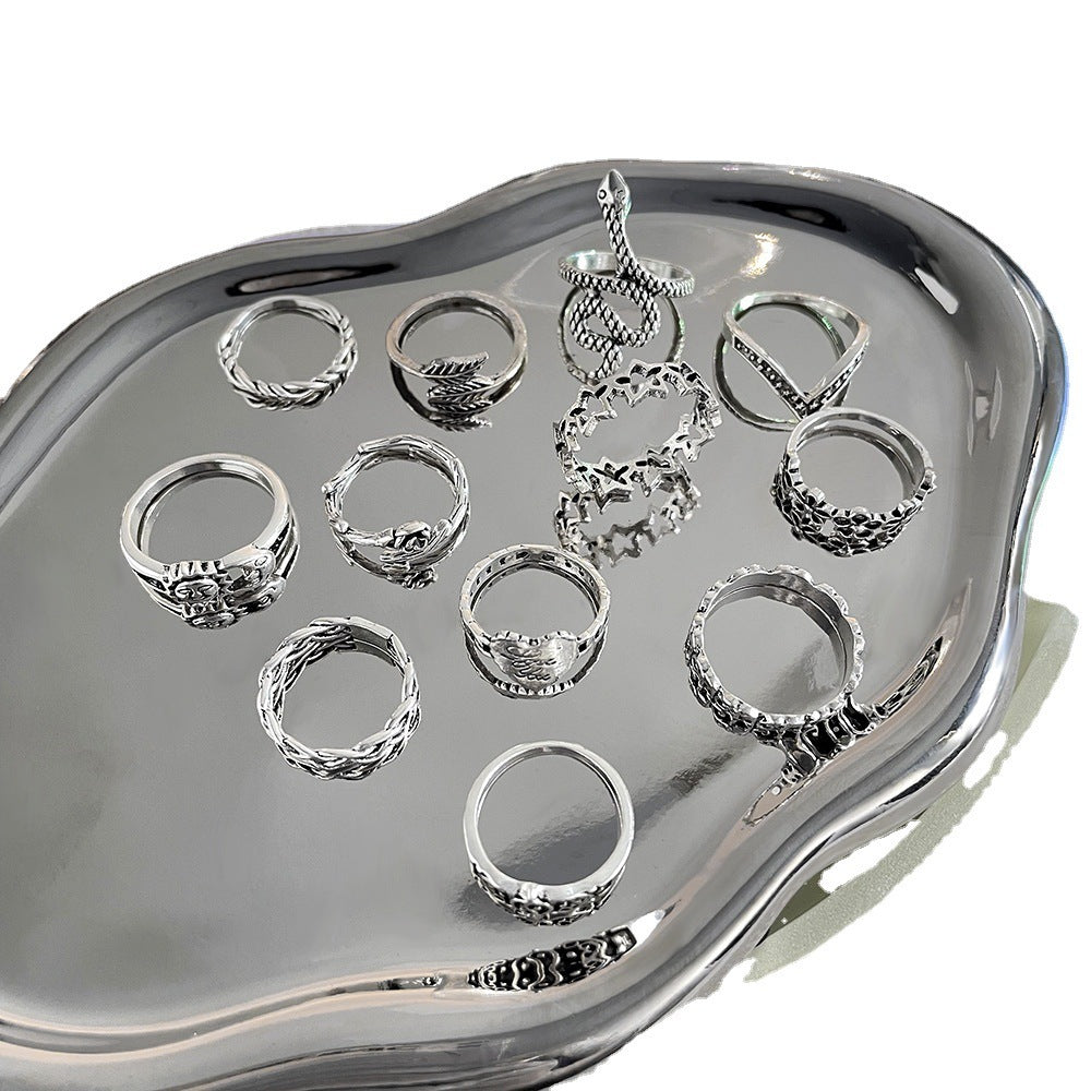 12 Piece Vintage Alloy Ring Set With Star Moon Sun Face Designs Electroplated Fashion Jewelry Collection Style