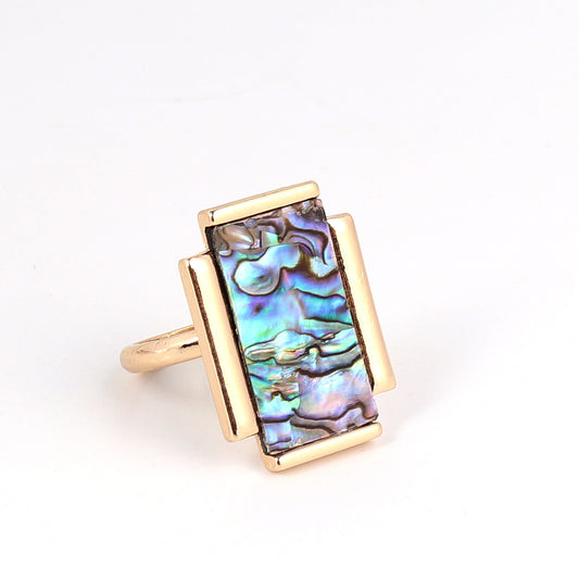 Rectangular Abalone Shell Inlaid Ring Geometric Design
