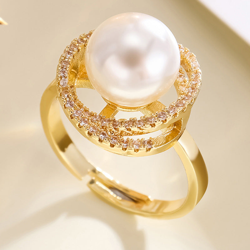 Women Gold Pearl Ring Fashionable Open Mouth Design Copper Adjustable Jewelry For Everyday Style For Her Style