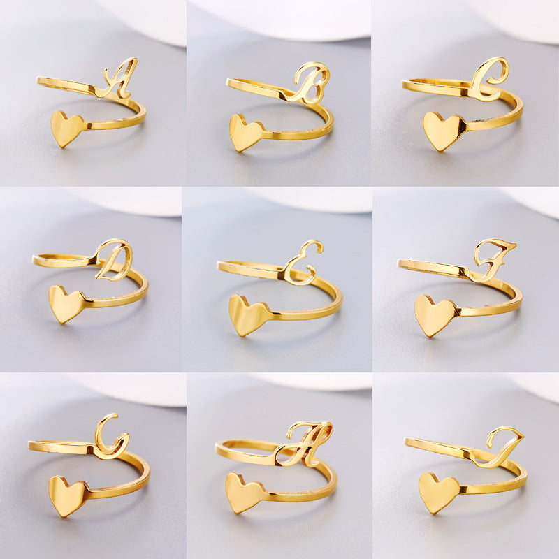 Womens Initial Letter Ring Adjustable Stainless Steel Heart Design 3D Open Heart Electroplated Fashionable Chic