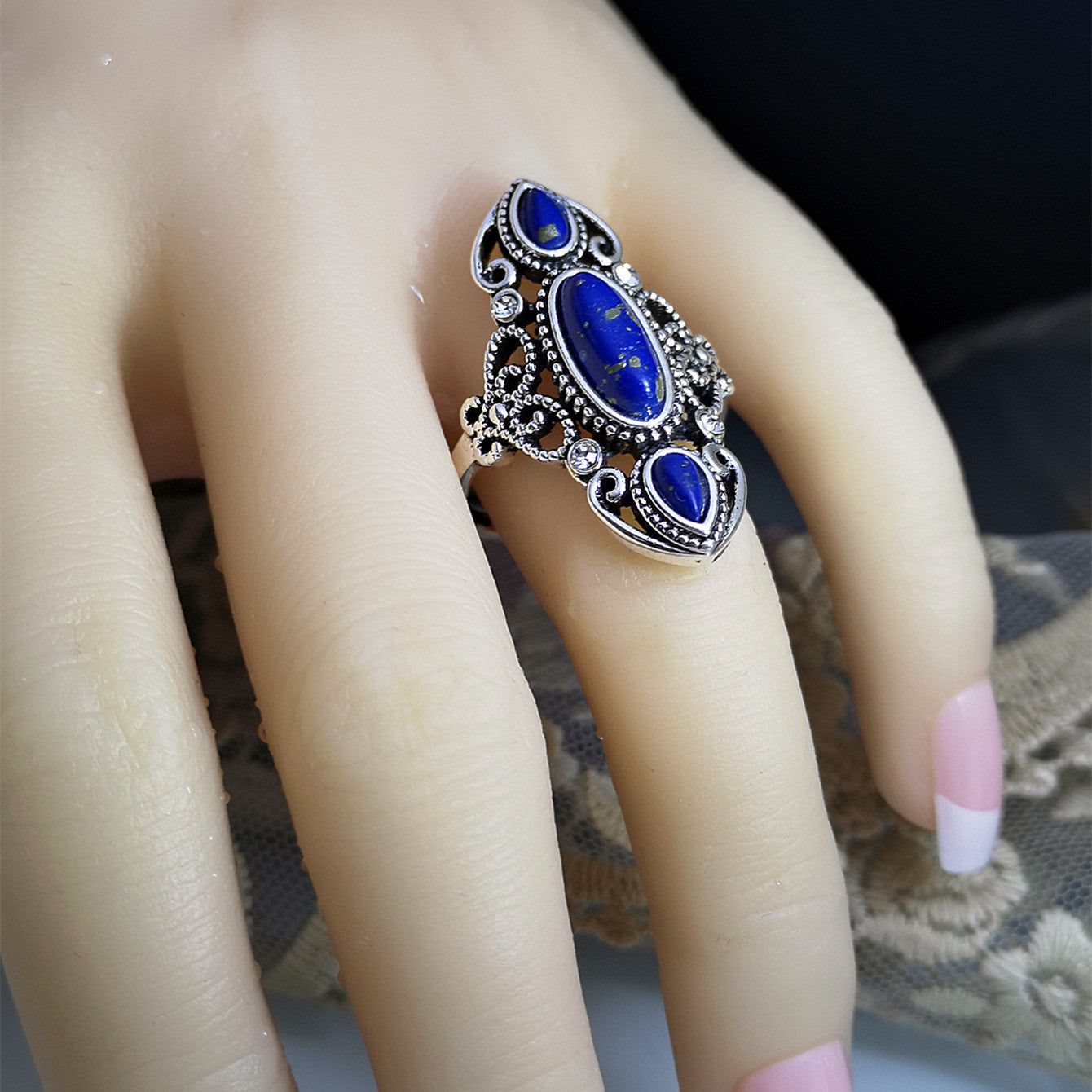 Silver Openwork Turquoise And Lapis Lazuli Rings Vintage Carved Geometric Design For Ladies Everyday Accessory