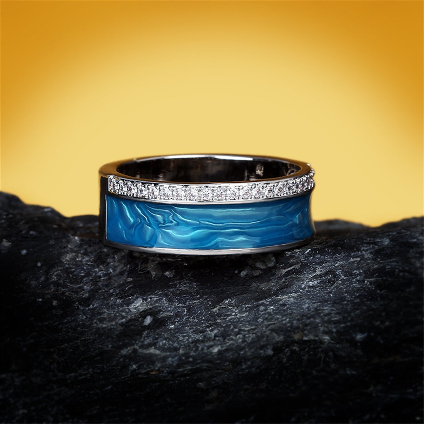Womens Retro Enamel Ring With Natural Texture Brass Vintage Geometric Zircon Inlay Size 6 7 8 9 10 Brass Shine