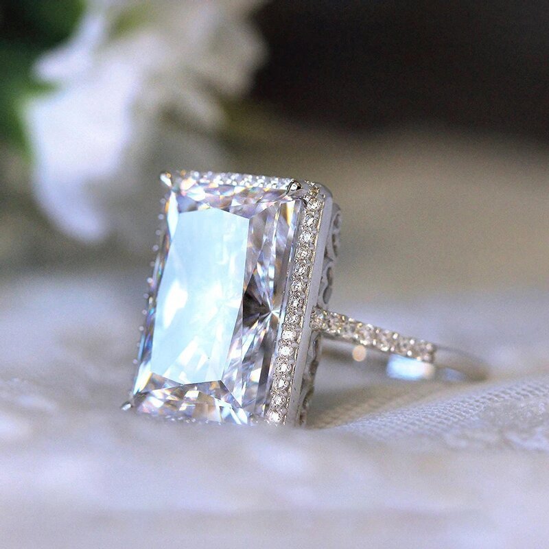 Inlaid Zircon Geometric Rectangular Ring Copper White Gold Plated For Women Dainty Elegant Everyday Jewelry Gift