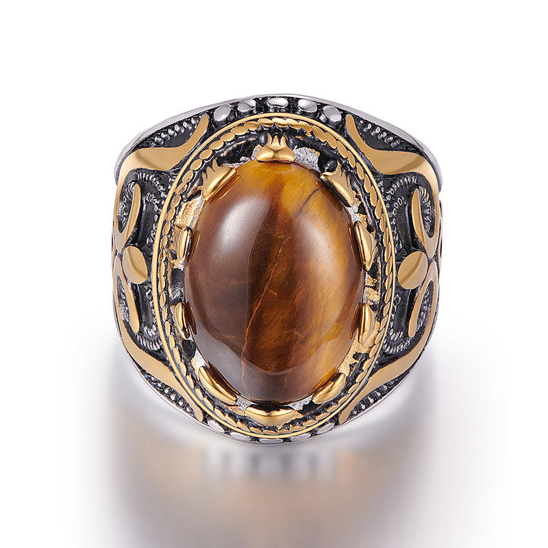 Tigereye Ring Titanium Steel Retro Style Mens Ring Vintage Ornamental Gemstone Jewelry Sizes 7 8 9 10 11 12 13
