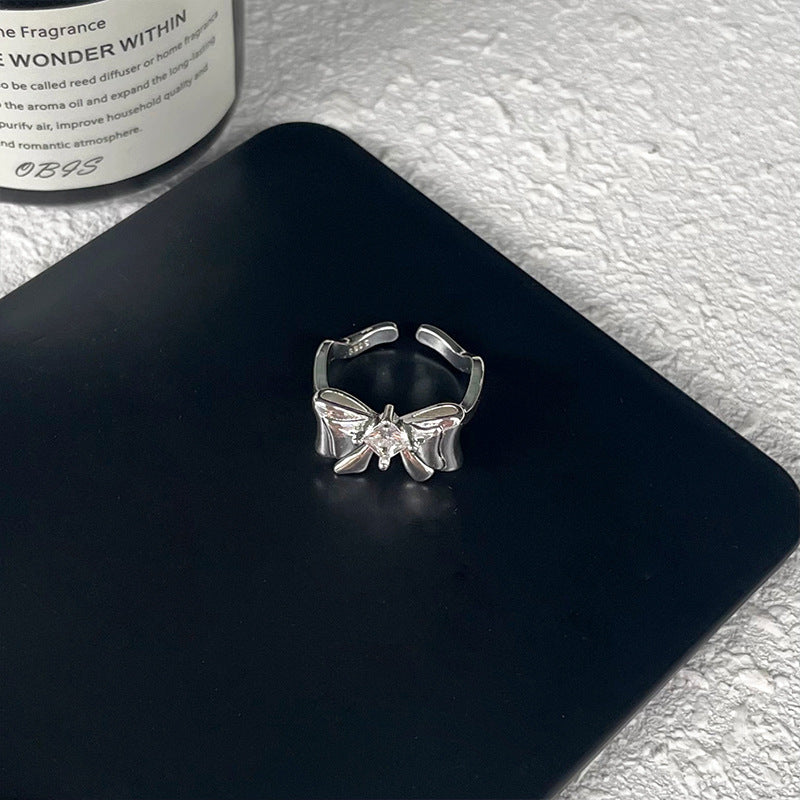 Girls Bow Ring 925 Sterling Silver Zircon Inlaid Adjustable Open Ring Gift For Birthday Everyday Jewelry For Girls