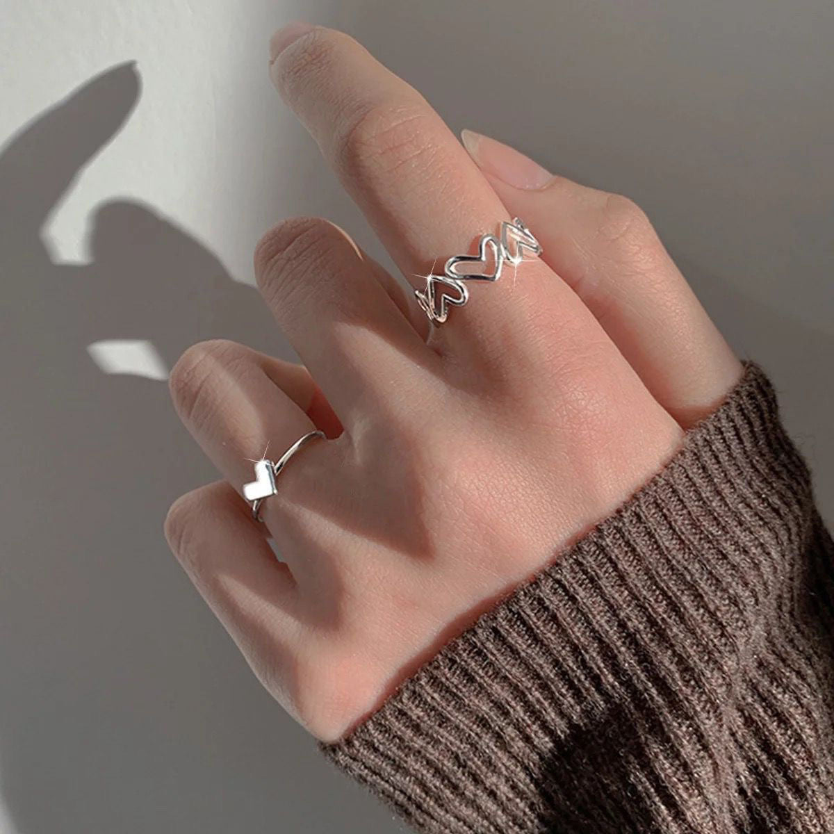 Women Heart Ring Set Adjustable Alloy Rings Silver Korean Vintage Style Heart Shape Jewelry Gift For Every Day
