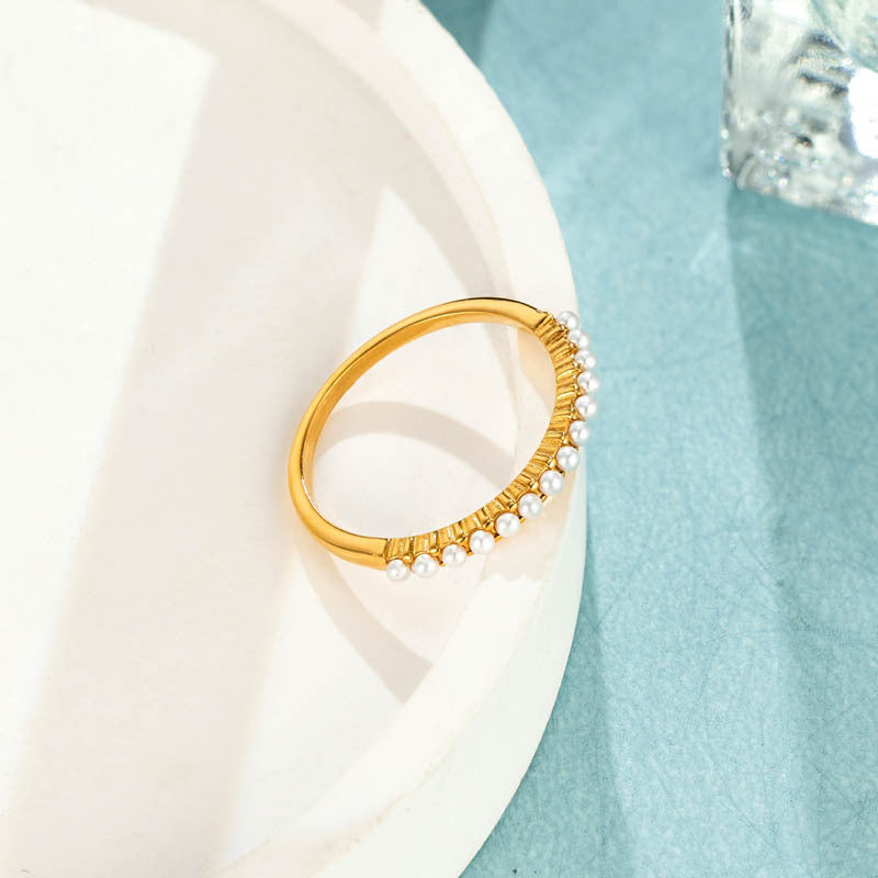Womens Pearl Ring Gold Titanium Steel Band Ring For Women Simple Fashion Jewelry Engagement Wedding Ring Accessory