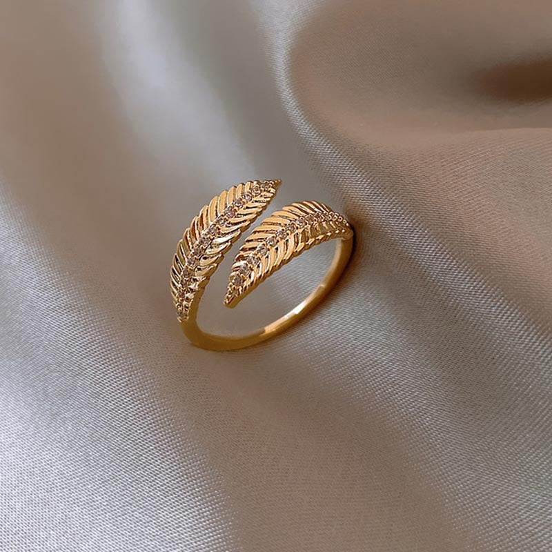 Womens Adjustable Copper Leaf Ring With Geometric Inlaid Zircon Electroplated Gold Band Jewelry Elegant Design
