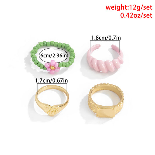 Vintage Golden Ring Set Woven Alloy Rings With Rice Beads Small Contrast Color Design Golden Daisy Rings For Women