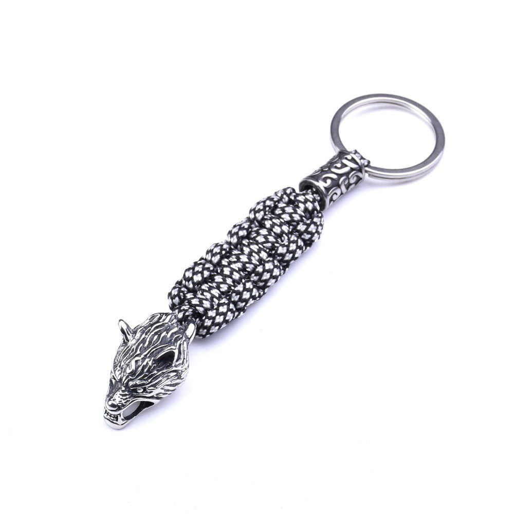 Paracord Key Ring With Wolf Head Beads Stainless Steel Keychain Length 15cm Durable Rope Craft For Outdoor Use