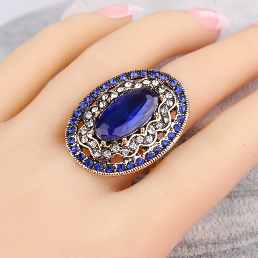 Womens Bohemian Ring Geometric Inlay Oval Alloy Fashion Ring Retro Statement Ring With Artificial Gem For Travel