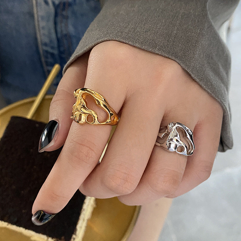 Geometric Silver Plated Adjustable Ring With Irregular Hollow Design For Women Elegant Everyday Accessory Chic
