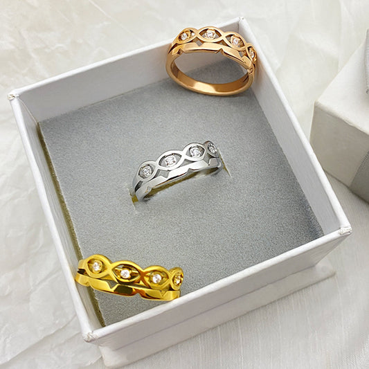 Geometric Inlaid Diamond Gold Titanium Steel Couple Ring Modern Wedding Engagement Anniversary Promise Jewelry