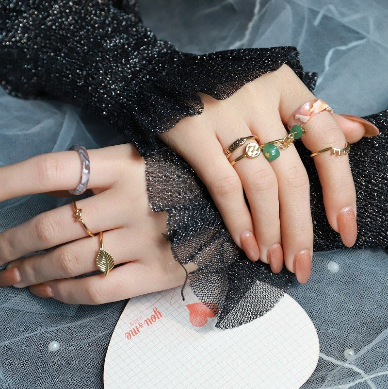 Geometric Ring Set Eight Piece Natural Stones Fashion Jewelry For Everyday Wear Versatile Accessory Collection