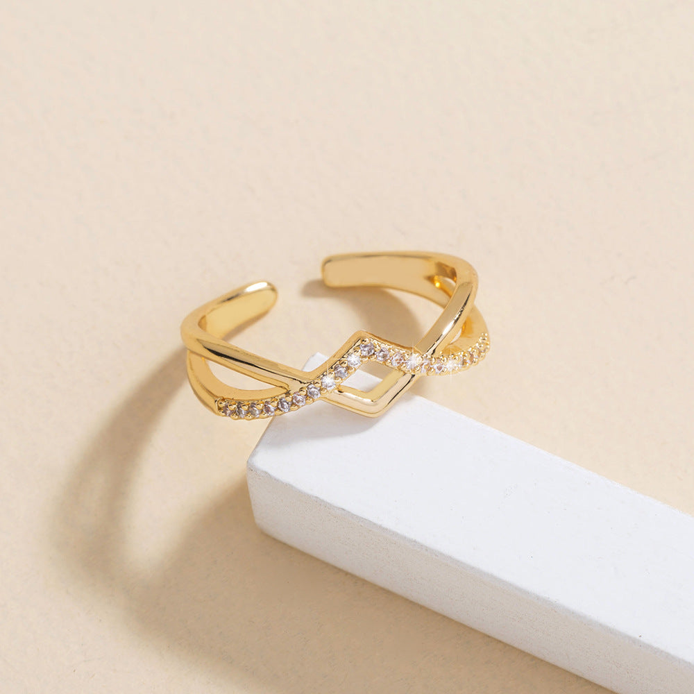 Golden Cross Ring Adjustable With Inlaid Zircon Stones Copper Wave Ring Women Gifting Elegant Jewelry For All