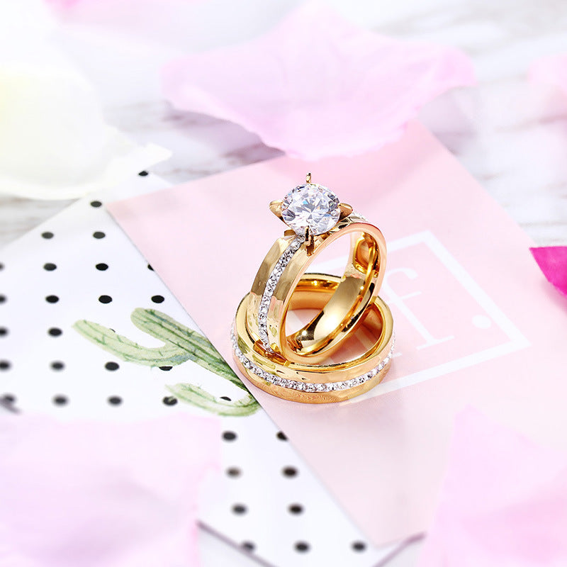 Titanium Steel Golden Couple Ring Bundle For Him And Her Flower Design Korean Style Diamond Processing Jewelry