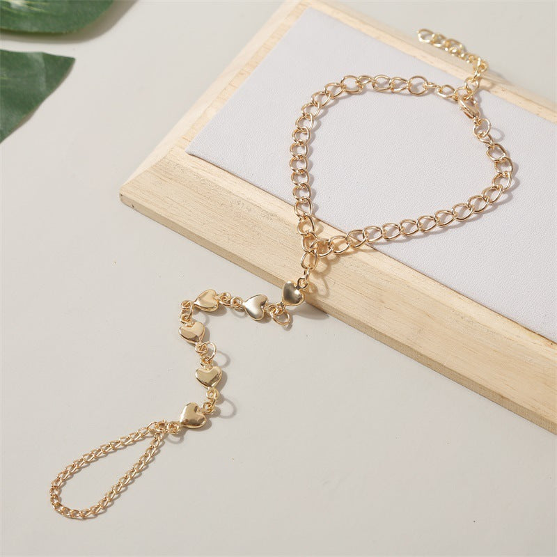 Womens Gold Alloy Finger Ring Chain Bracelet Geometric Retro Hand Chain Jewelry Exquisite Accessory Great Gift