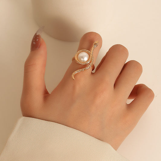 Snake Ring Wrapped Pearl Animal Ring Electroplated Alloy Metal Pearl Accent Animal Lovers Ring Jewelry Elegance