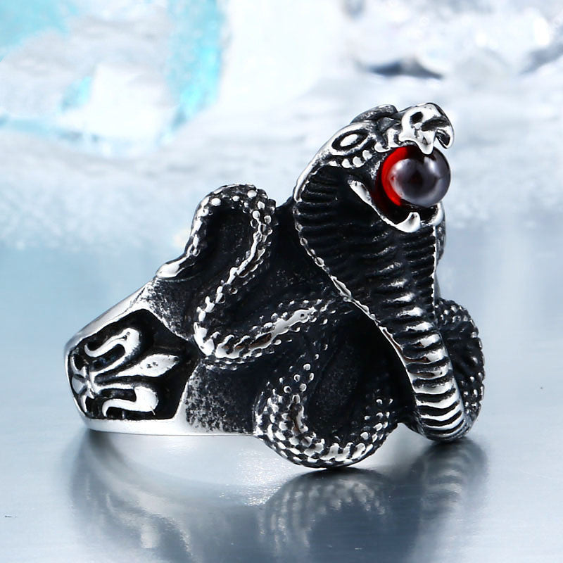Titanium Steel Vintage Ring Personality Stainless Steel Ring Cobra Shape Statement Jewelry Retro Trend Ring for Men and Women Red and Black