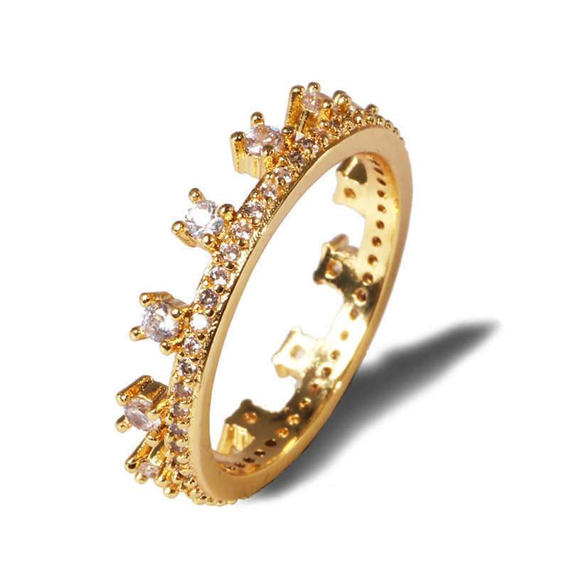 Ladies Fashion Crown Ring Geometric Diamond Ring Copper Heart Ring Gold-Plated Inlaid Artificial Gemstone Ring for Women Girls White Green Rose Color