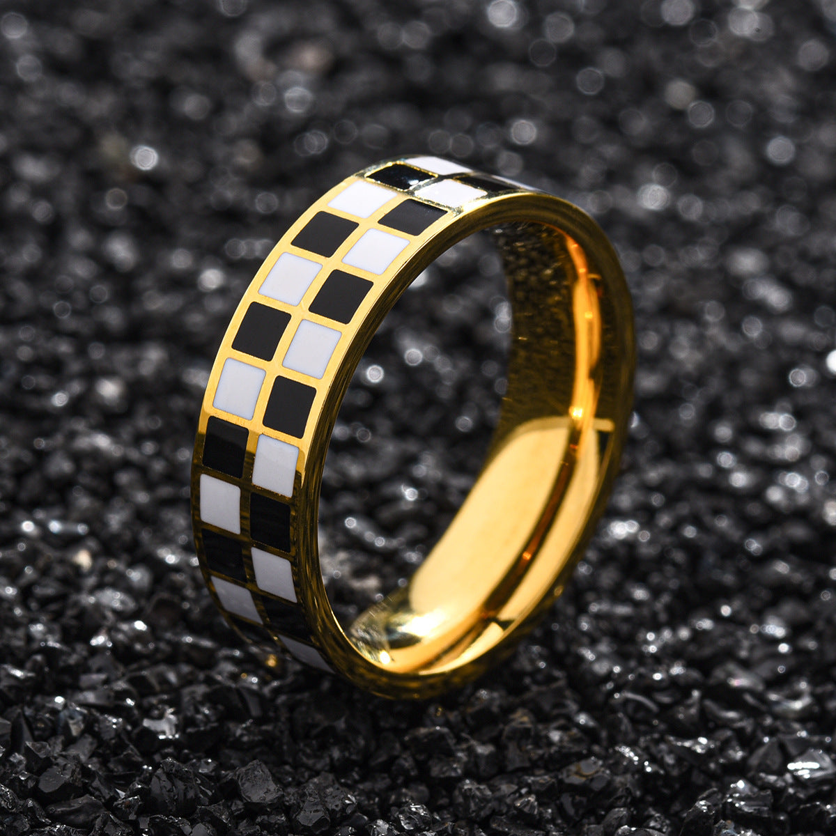 Mens Stainless Steel Checkered Ring Black White Geometric Pattern Fashion Accessory Durable Modern Jewelry Gem