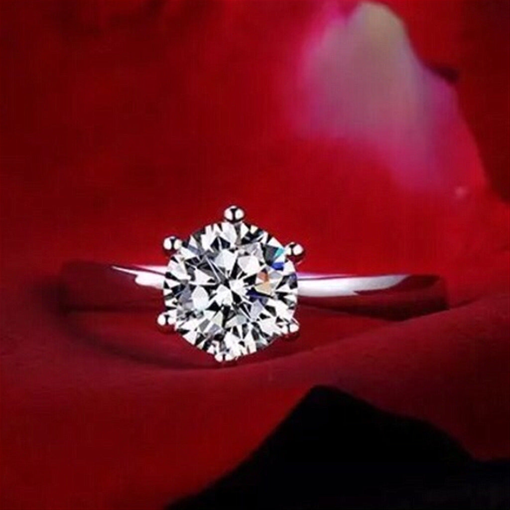 Ladies Crystal Zircon Six Claw Ring Platinum Plated Copper Engagement Wedding Anniversary Statement Elegant Ring