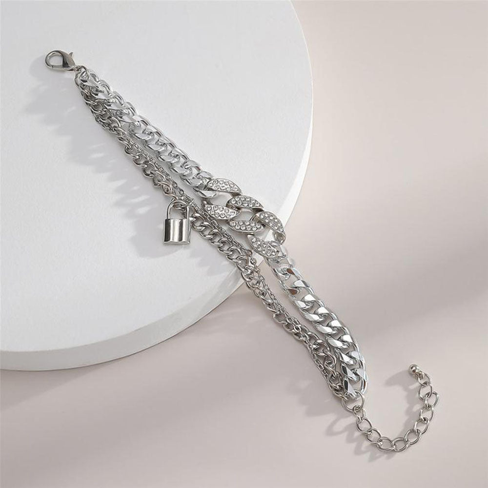 Womens Layered Bracelet With Micro Diamond Lock Pendant Electroplated Alloy Metal Geometric Design Adjustable Extension