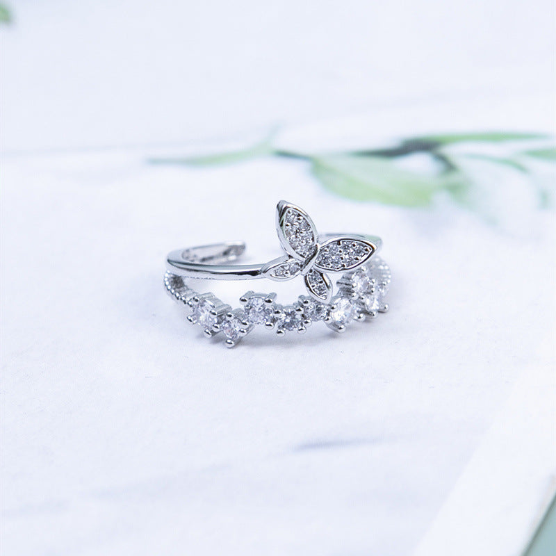 Womens Double Butterfly Wing Ring Electroplated Copper Minimalist Fashion Jewelry Elegant Ring Gifts for Women