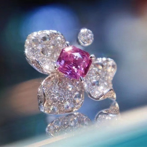 Zircon Flower Ring Copper Bauhinia Design Elegant Jewelry