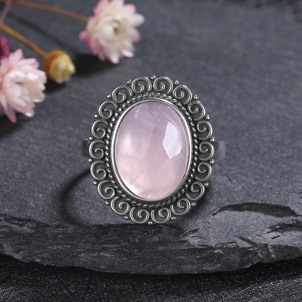 Retro Pattern Crystal Gemstone Flower Ring Pink Copper For Women US Sizes 06 07 8 9 10 Elegant Vintage Jewelry