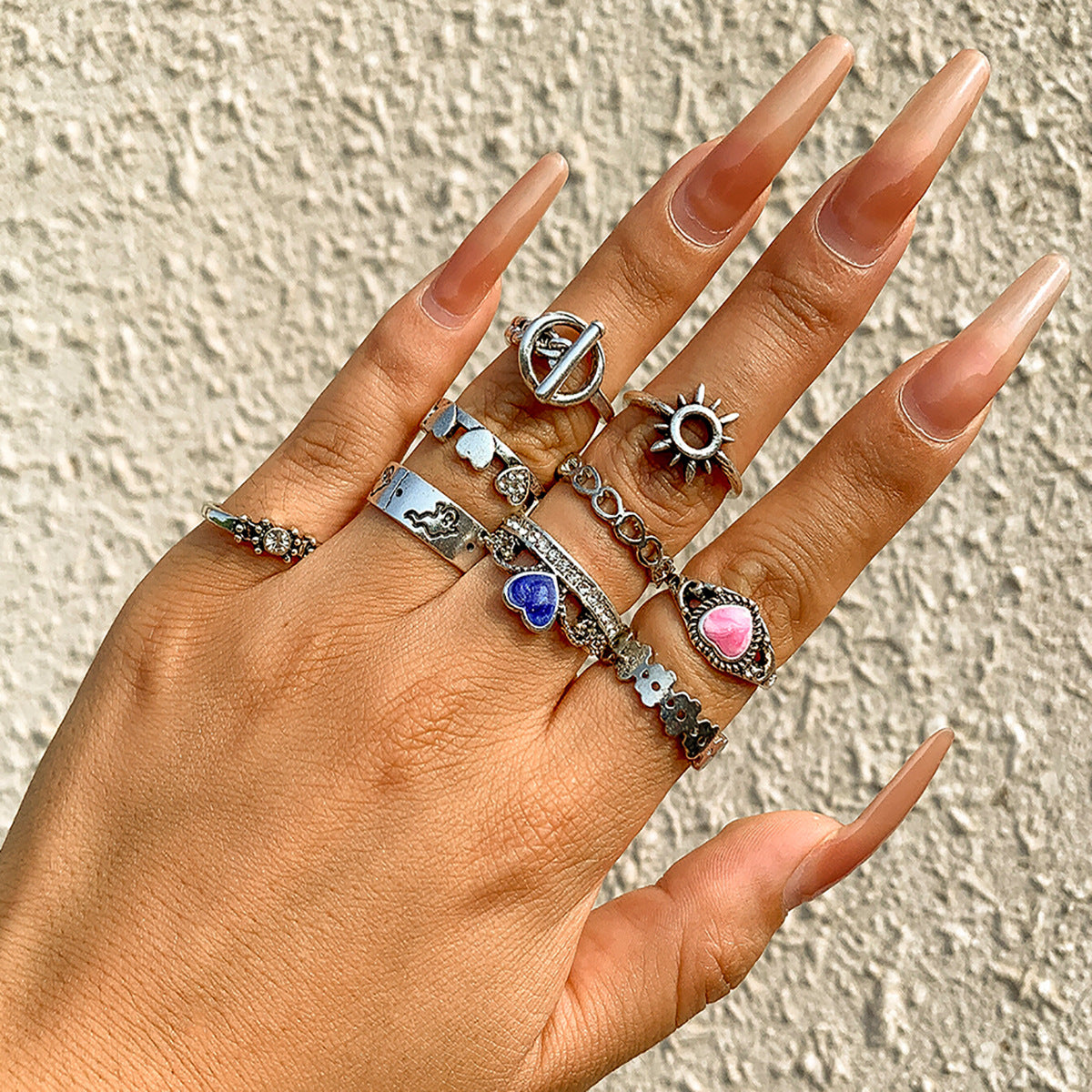 Punk Multi Element Stacking Hollow Heart Shaped Ring Gold Plated Geometry Bohemia Ethnic Retro Metal Alloy Set