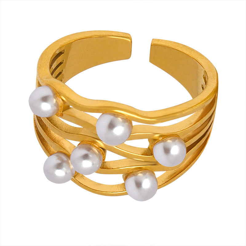 Vintage Ripple Wave Pearl Ring Titanium Steel Gilding
