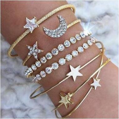 Womens Cuff Bracelets Set Trendy Metal Bangles With Minimal Moon And Stars Design Fashion Jewelry Gift For Her