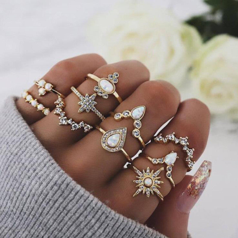 Womens Geometric Rings Set With Water Drop Diamond Accents Ten Piece Alloy Jewelry Electroplated Knuckle Rings5