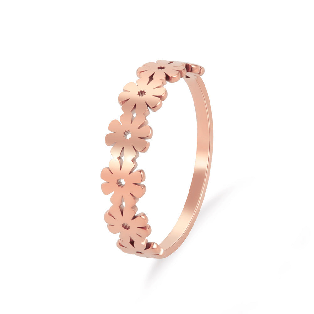 Womens Stainless Steel Ring Hollowed Seven Flowers Geometric Electroplated Fashion Jewelry Rose Gold Size 7 8 9