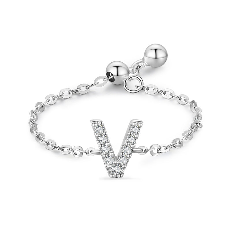 Womens Letter Chain Ring Adjustable Opening Female Fashion Ring Niche Design Love Thin Silver Jewelry English Ring