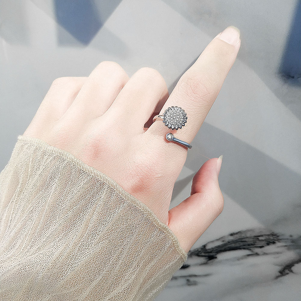 Adjustable Spinning Sunflower Ring With Zircon Embedded Copper Flower Jewelry For Women Fashion Accessory Gift Idea
