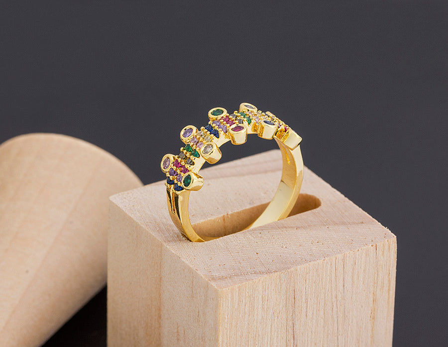 Rainbow Personality Geometric Ring Metal Inlaid Gold Unisex Jewelry With Mosaic Stones For Color Matching Wedding Gift