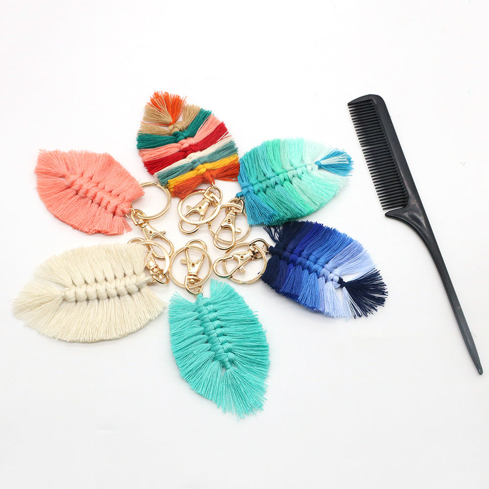 Handwoven Key Chain With Tassel And Leaf Pendant Cotton Rope Key Chain Accessory Unisex Bag Charm Beige Modern