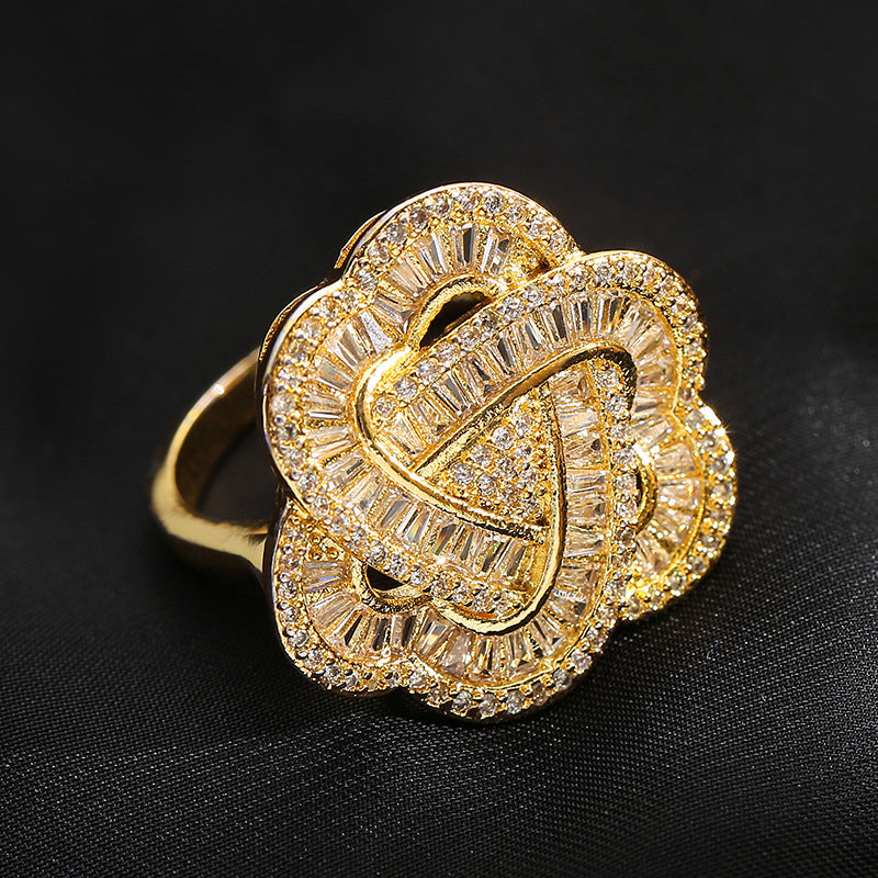 Gold Plated Copper Zircon Ring Vintage Flower Design For Women Exaggerated Statement Jewelry Everyday Shimmer