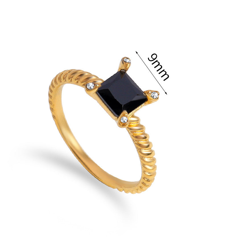 Square Zircon Twist Stainless Steel Ring Unisex Transparent Black Emerald Jewelry Style Gift For Her Anniversary