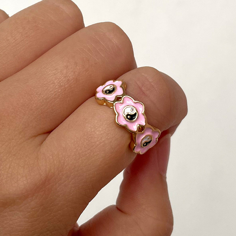Womens Alloy Ring Drip Oil Color Flower Design Bagua Style Elegant Floral Ring For Women Fashion Jewelry Trend